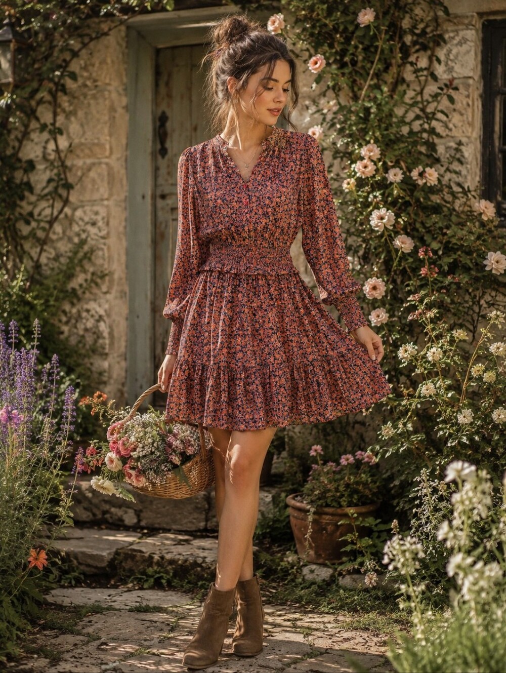Rebecca Minkoff Small Floral Chloe Dress Rust Blue Smocked Waist Tiered NWOT